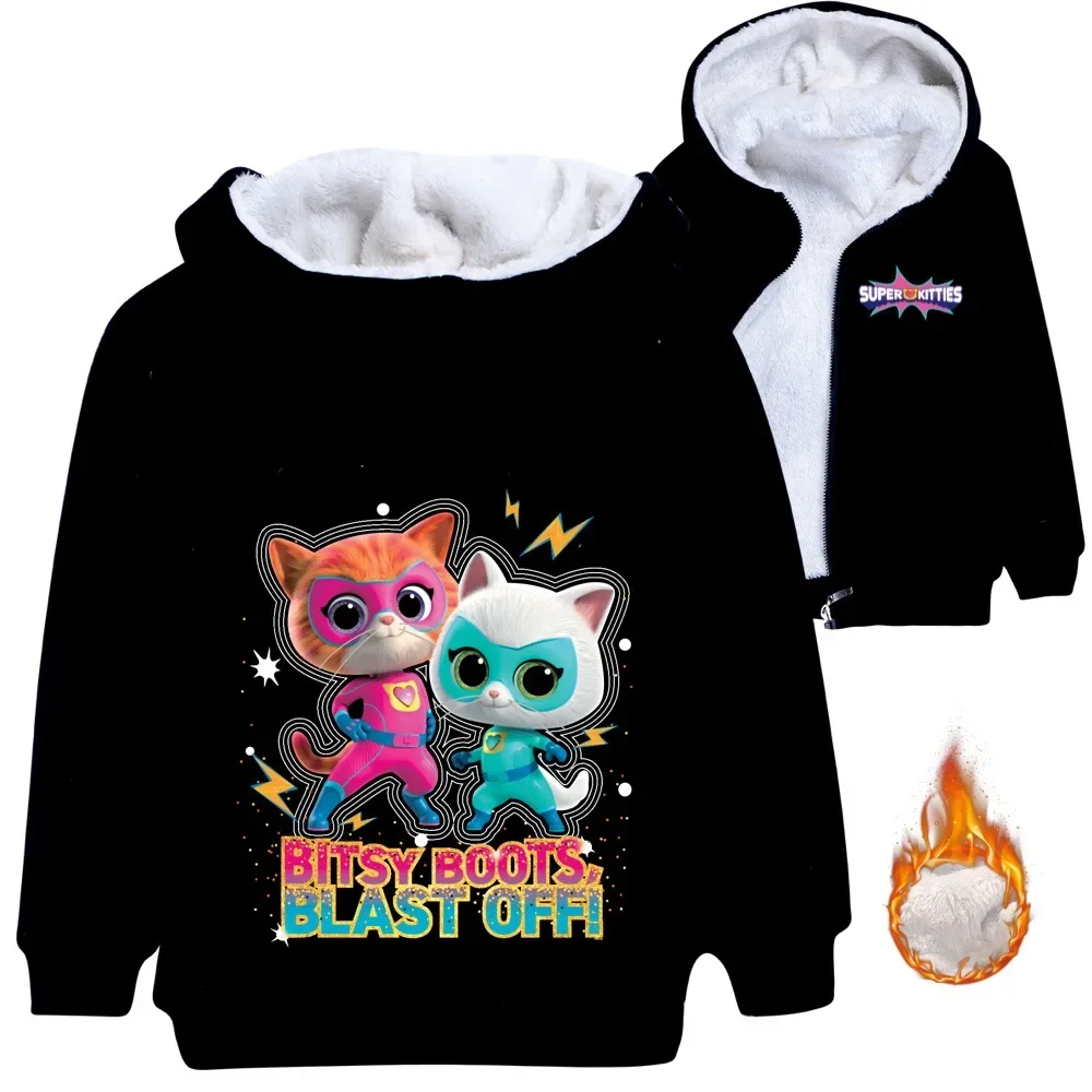 Super Kitties Fleece Jacket Boy Hoodie Children's Clothing Girl Hooded Warm Jacket Zipper Windbreaker Baby Children Jacket