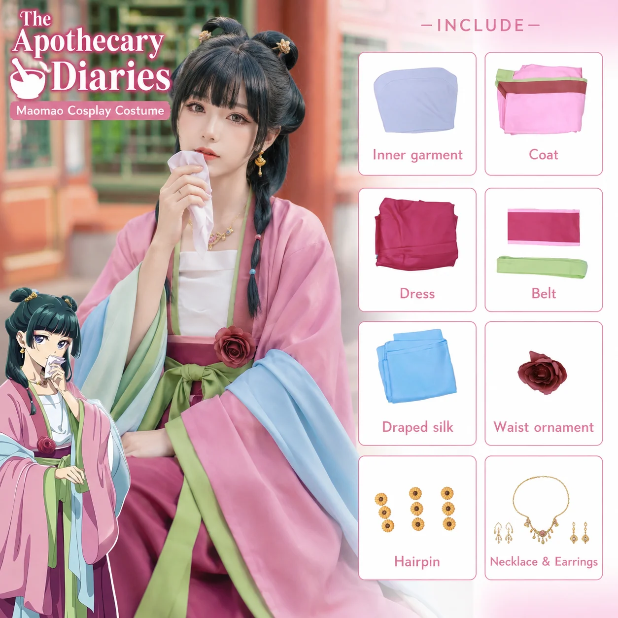 

Maomao Cosplay Costume Wig Anime Expo The Apothecary Mao Mao Comic Con clothes Plus Size Pink Dress Halloween Party for Women