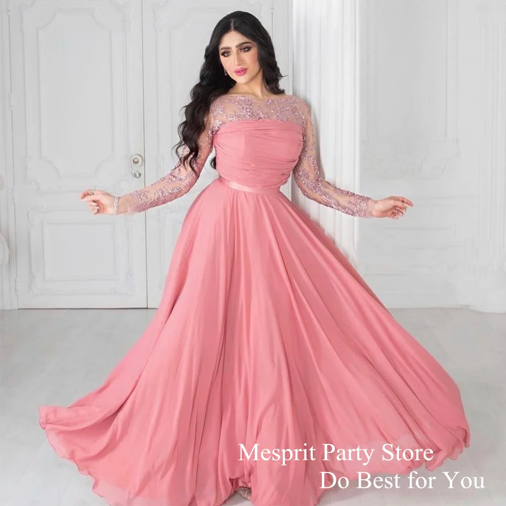 Peach Pink Prom Dress Scoop Neck Illusion Long Sleeves Applique Pleat Chiffon A Line Saudi Party Gown Formal Evening Dresses