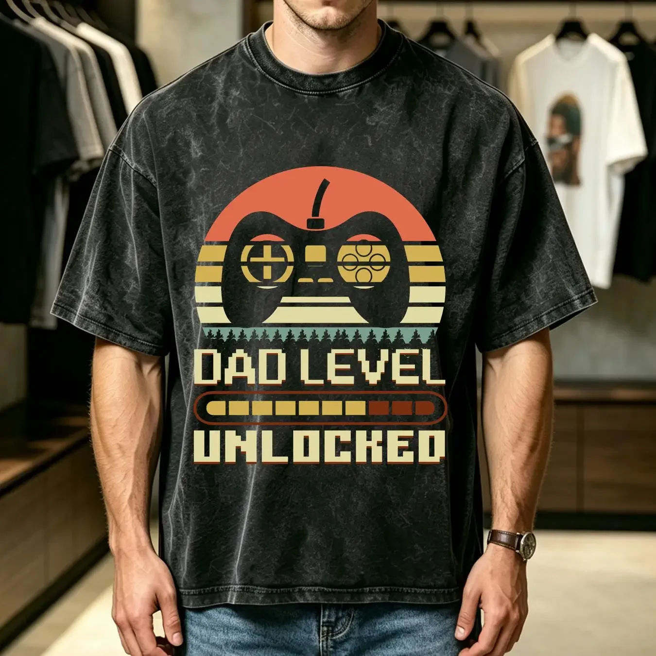 washed T Shirt Dad Level Unlocked Fathers Day For Daddy New Vintage Gamer Baby Announcement long or short sleeves vintage