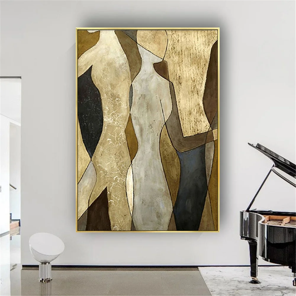 Pop Abstract Figure Oil Painting Handmade Gold Foil Scraper Textured Palette Knife Canvas Poster Decor Living Room Sofa Lovers