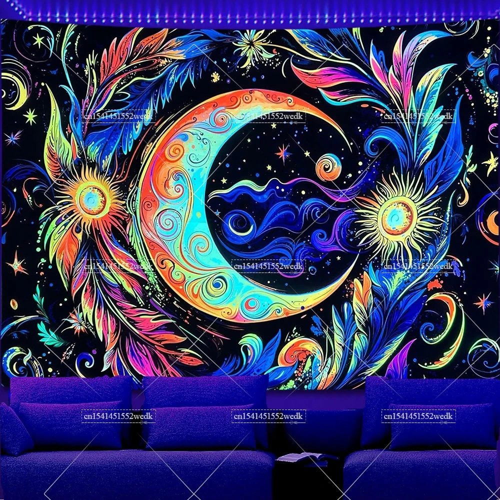 Moon Blacklight Tapestry UV Reactive Mandala Boho Flowers Neon Tapestrys Aesthetic Feather Fluorescent Tapestries Backdrops
