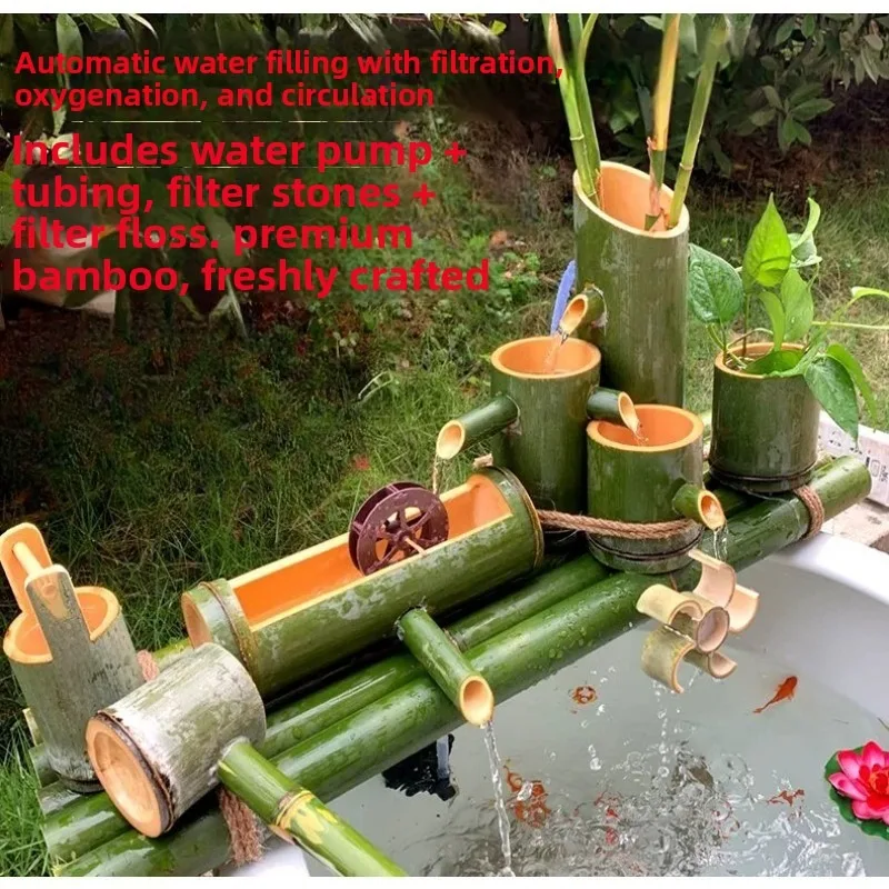 Natural Bamboo Water Fountain Ornament Circulating Water Feature Decor For Fish Tank Aquarium Tabletop Garden Decoration