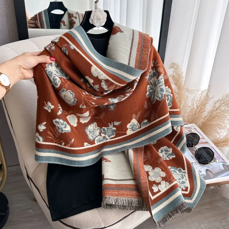 

Women's versatile imitation cashmere thick warm scarf shawl, double-sided imitation cashmere floral for autumn and winter