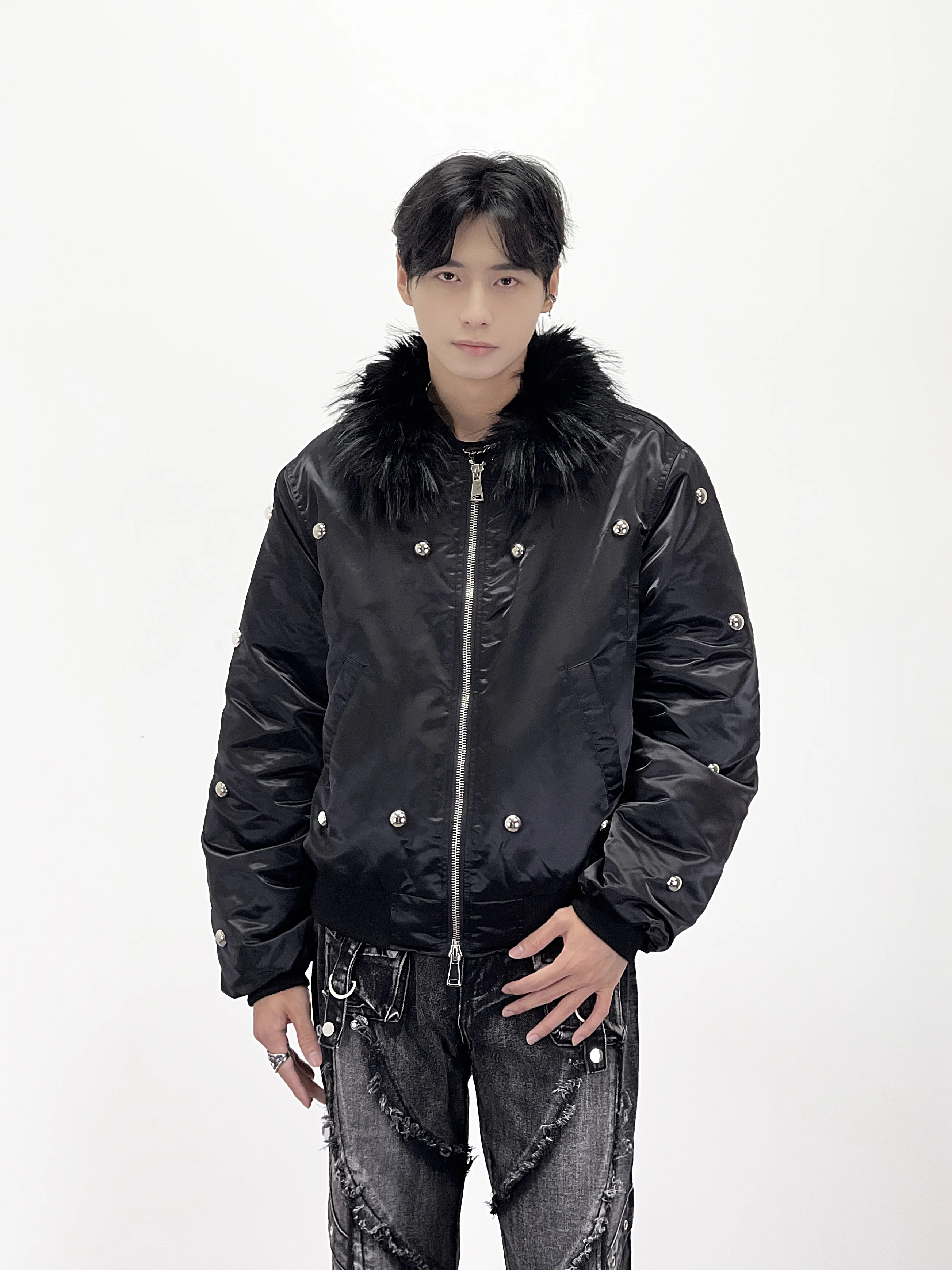 Y2K ثقافة فرعية الموضة الأمريكية العصرية الفراء طوق سترة القطن معطف الظلام الشرير نمط الشتاء سميكة ملابس خارجية دافئة للرجال