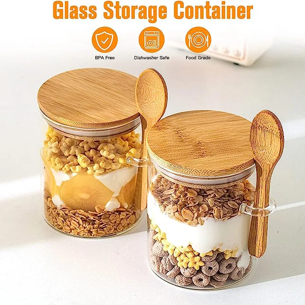 2PCS Glass Food Airtight Canister Castor Wooden Twist Lid Kitchen Candy Storage Tank Jar Bamboo Food Container With Wooden Spoon