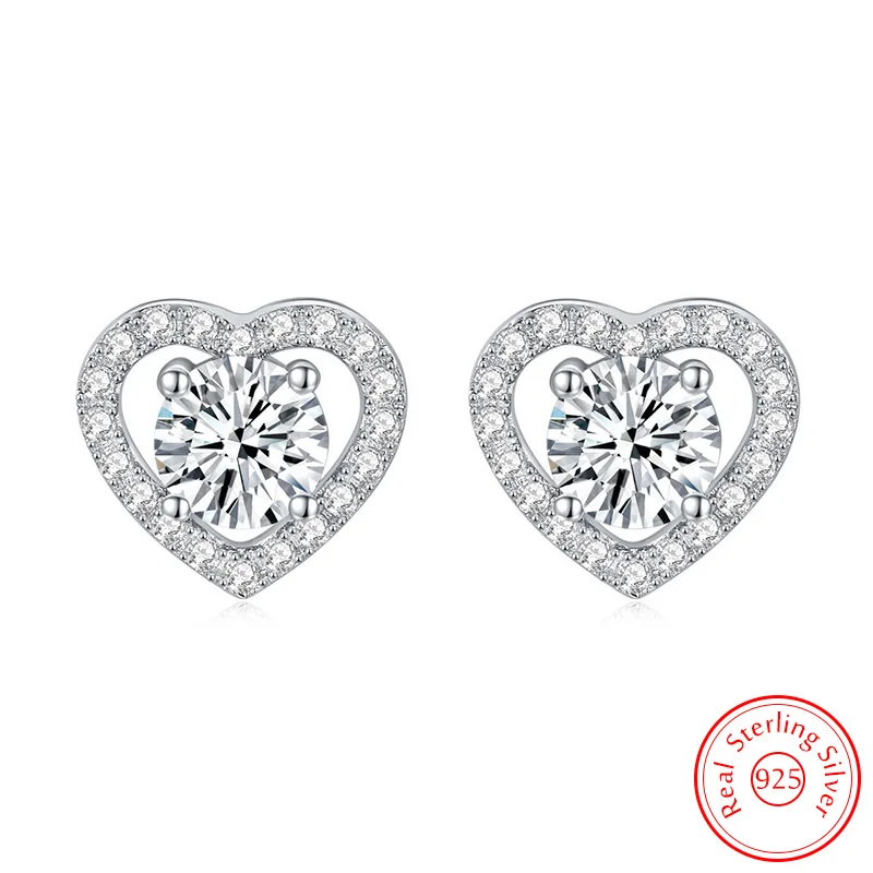 

Solid 925 Sterling Silver Jewelry Crystal Heart Stud Earrings For Women New Fashion XY0503