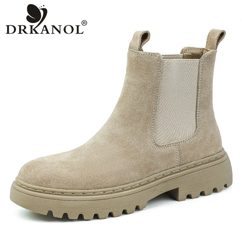 DRKANOL moda donna stivali Chelsea inverno peluche stivaletti caldi per le donne scarpe Casual stivali con plateau tacco quadrato in pelle