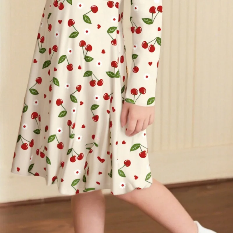 Girls Long Sleeve Cherry Print Swing Dress Cute Casual Kids Outfit for Spring Autumn Daily Wear And Parties