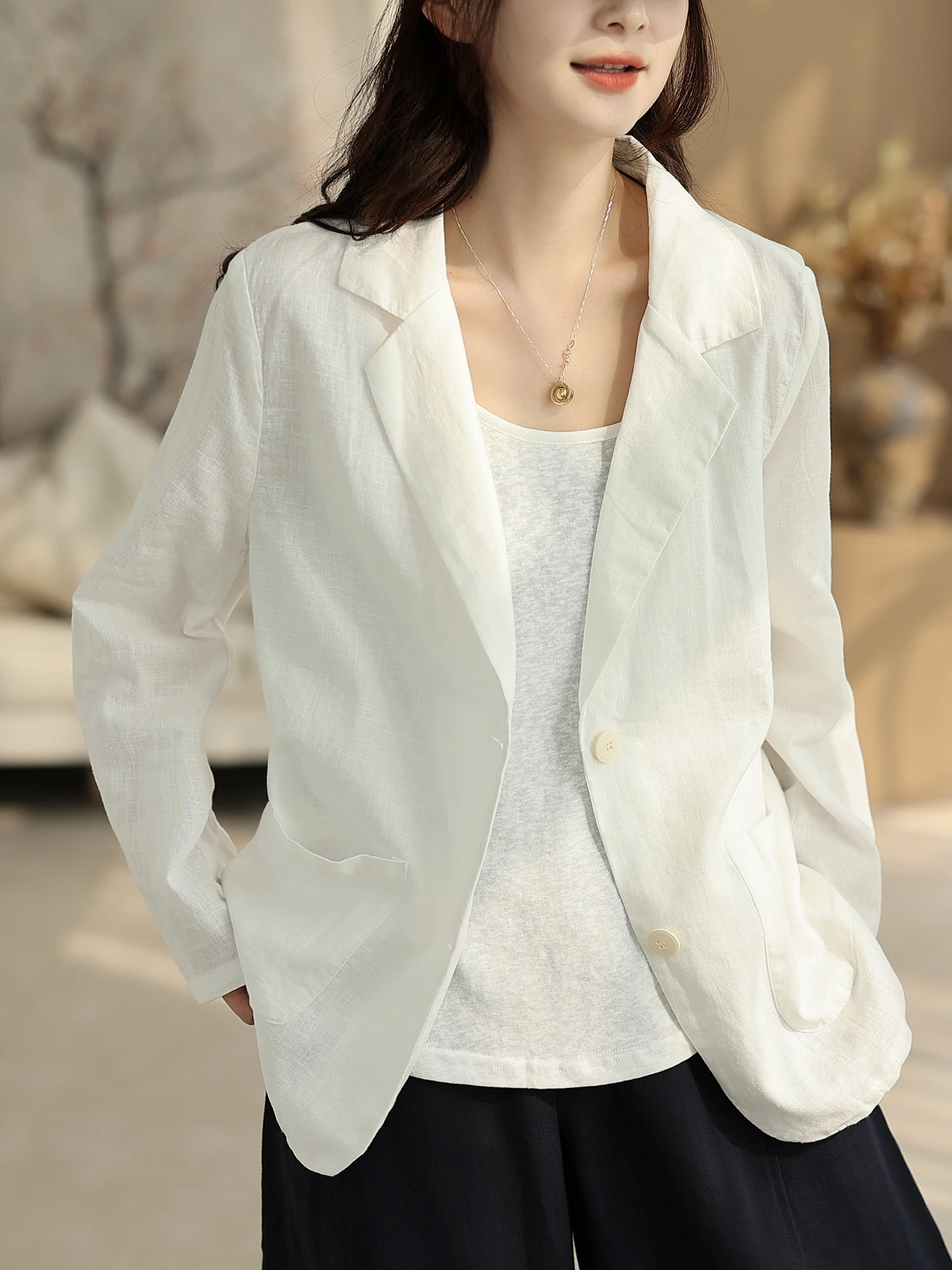 

Женский повседневный льняной костюм-пиджак Cyu: осенний, модный, универсальный, для работы и отдыха, свободного кроя, с длинным рукавом, на одной пуговице