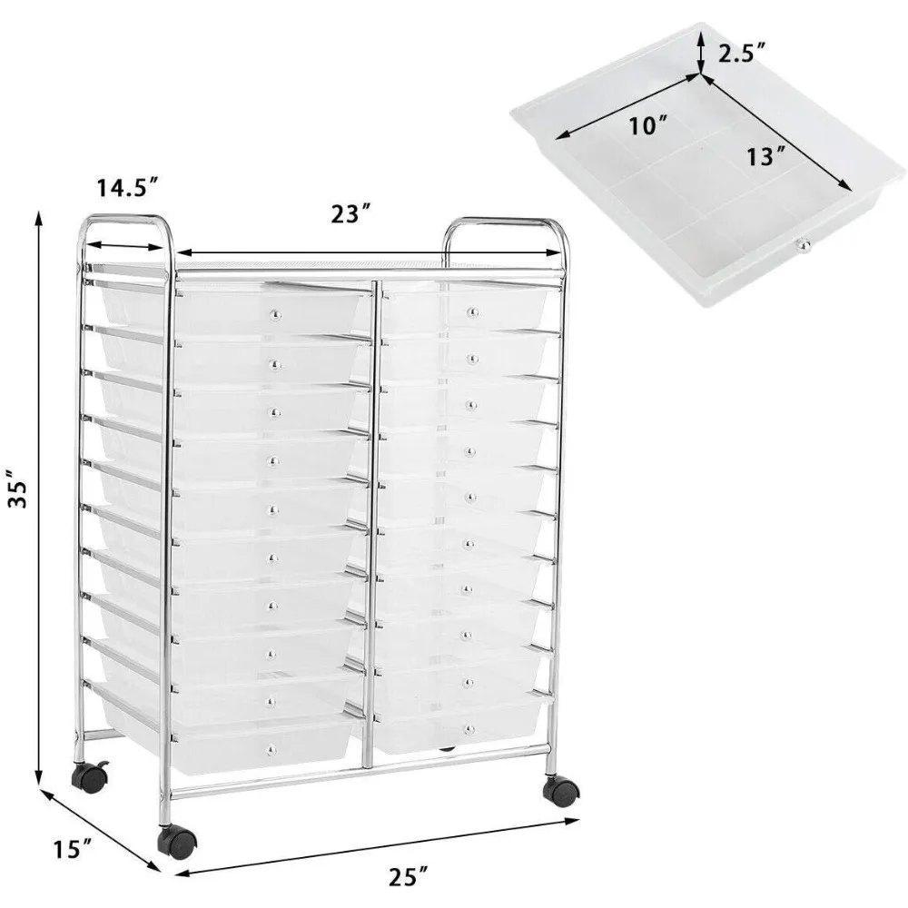 عربة تخزين متعددة الأغراض شبه شفافة ذات 20 درجًا مع عجلات لتنظيم المكاتب المنزلية والمرافق