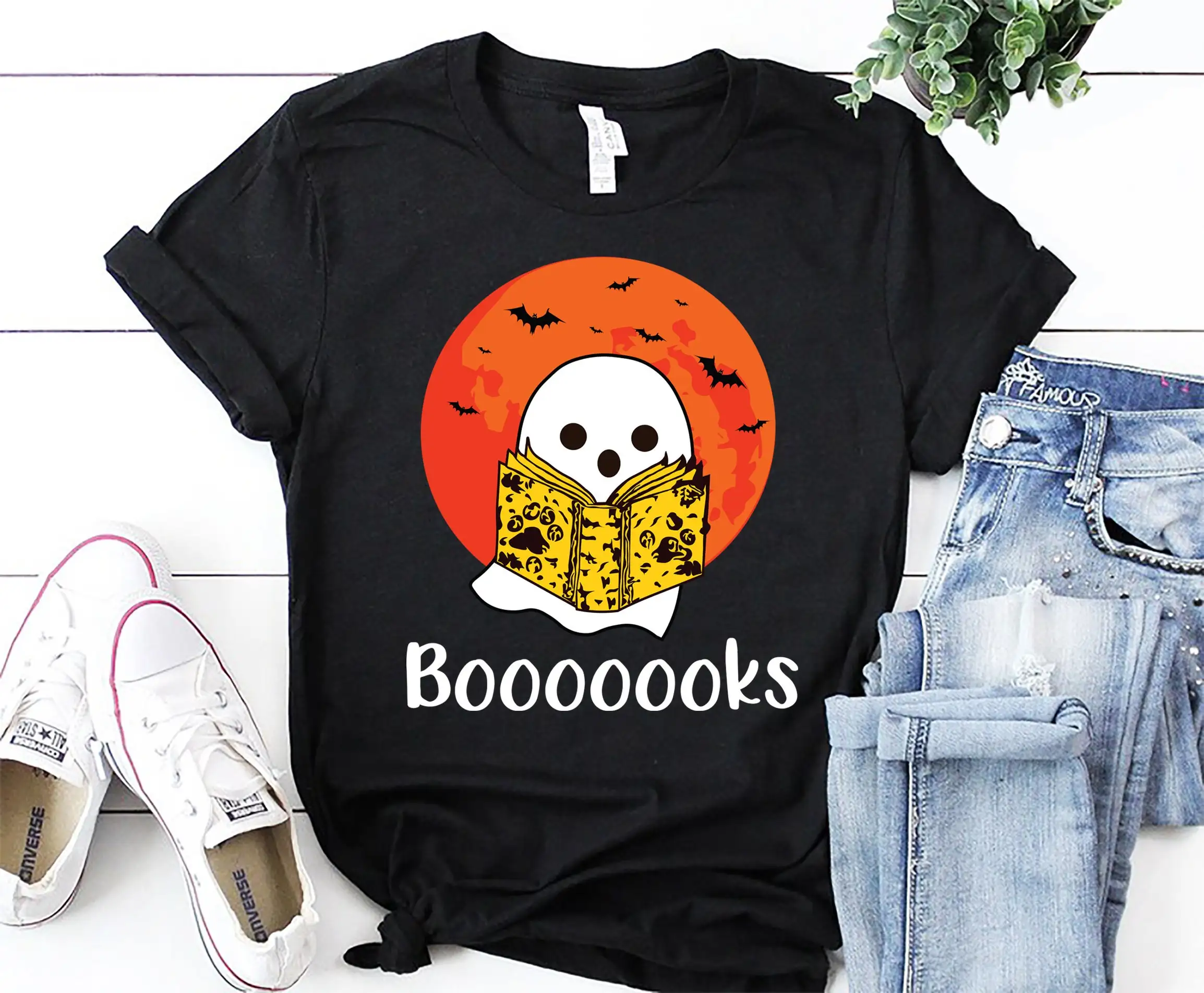 

Ghost Books Booooks T Shirt Halloween Reading Librarian Bookworm Party Teacher