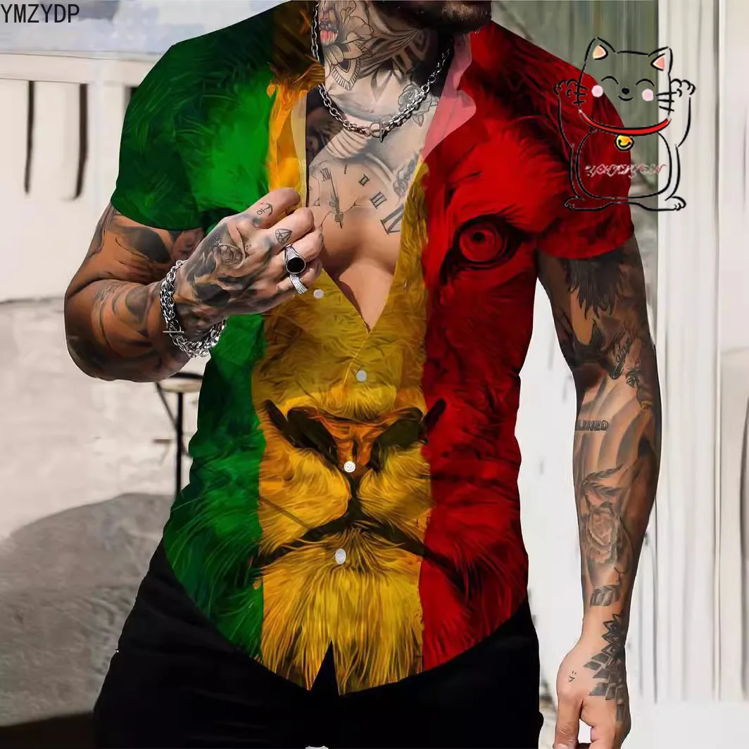 قميص رجالي مطبوع ثلاثي الأبعاد على شكل أسد عصري بأكمام قصيرة ورقبة على شكل حرف V وأزرار لأعلى قميص تنكري ملابس تنكرية عالمية