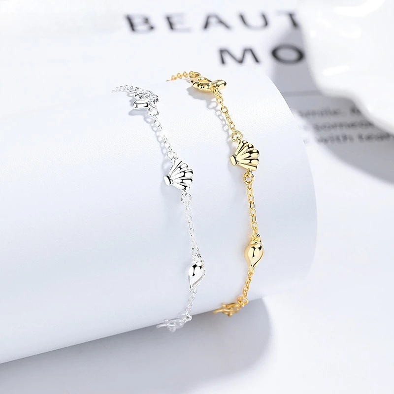 925 Sterling Silver Conch & Seashell Bracelet for Women Starfish and Bowknot Ocean Style Wrist Jewelry Daily Silver Accessories