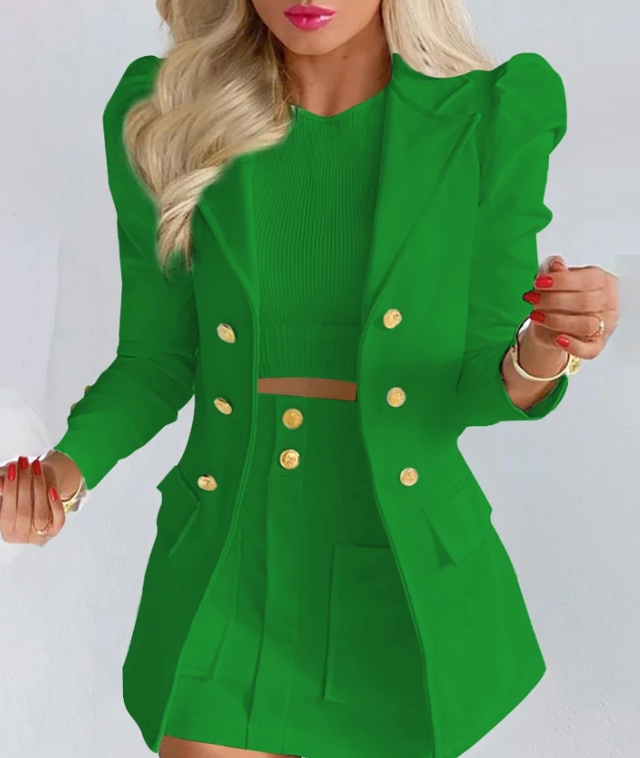 

Women's Two-Piece Set Puff Shoulder Blazer and Mini Skirt Gold Button Detail