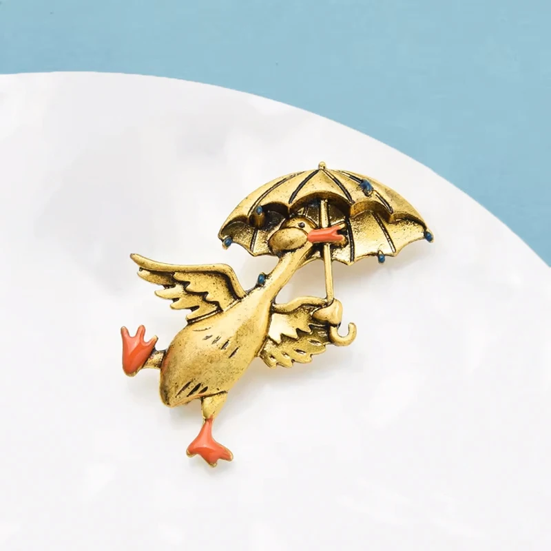 Wuli&baby Vintage Taking Umbrella Duck Brooches For Women Unisex 2-color Happy Walking Duck Animal Party Casual Brooch Pin Gifts - view 5
