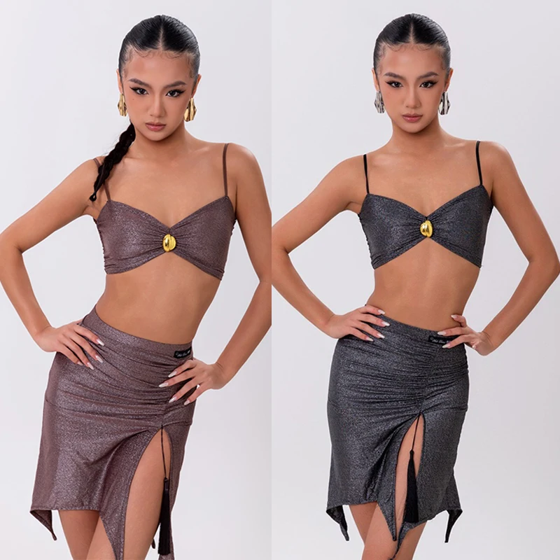 Sexy Latin Dance Clothes Women Summer Latin Bra Slit Skirt Adult Chacha Rumba Dance Practice Clothing Performance Wear SS2677