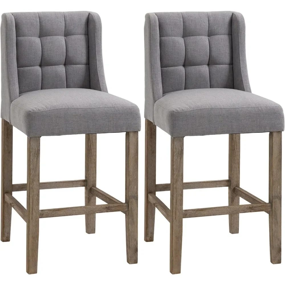 Modern Bar Stools, Tufted Upholstered Barstools, Pub Chairs with Back, Rubber Wood Legs for Kitchen, Dinning Room, Set of 2