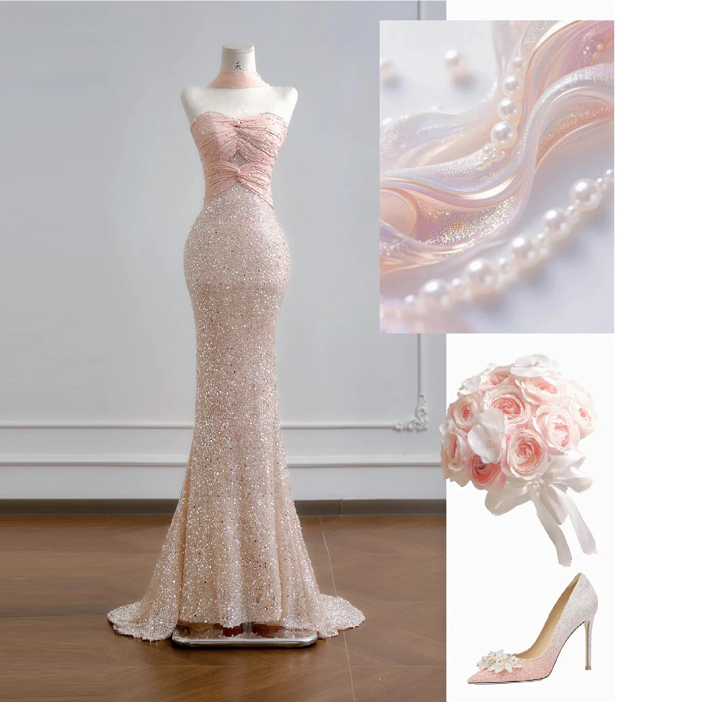 

Stunning Pink Evening Dresses Strapless with Wrap Pleats Tulle with Sequined Fabric Party Dresses Zipper Back