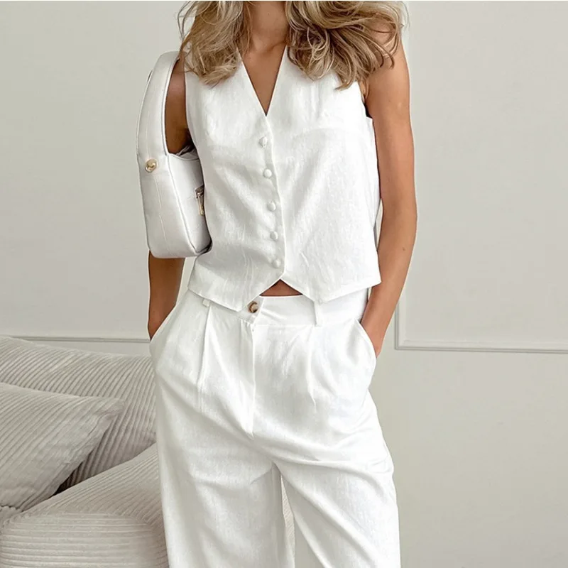 Talenza White High Waisted Vest Pants Suit 2 Piece Women\'s Casual Vest Pants Suit Sleeveless Top Loose Slim Women\'s Pants Suit