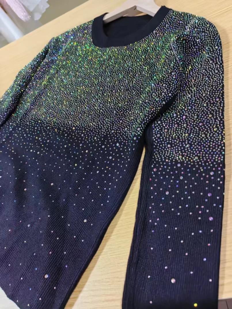 High-end Sparkle Diamonds Hot Drilling Black Sweaters Women's Autumn Spring Soft Knitwear Pullovers Outwear Knit Jumpers