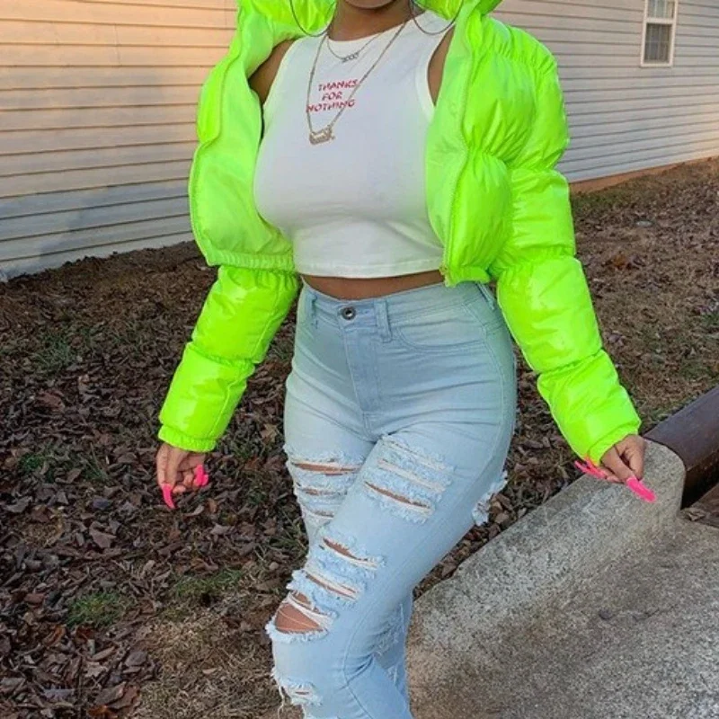 Chaquetas de moda para mujer, ropa de calle de invierno, abrigos acolchados brillantes de manga larga con cremallera y cuello levantado, novedad de 2025