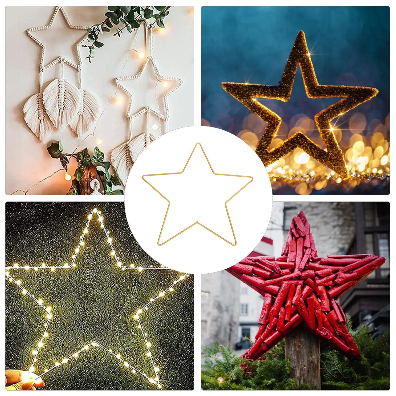 Metal Stars Frame Hangable Wall Decoration Glazing Pentagram Shaped Wall Art Ornament Window Decor for Home Shop Part (Golden)