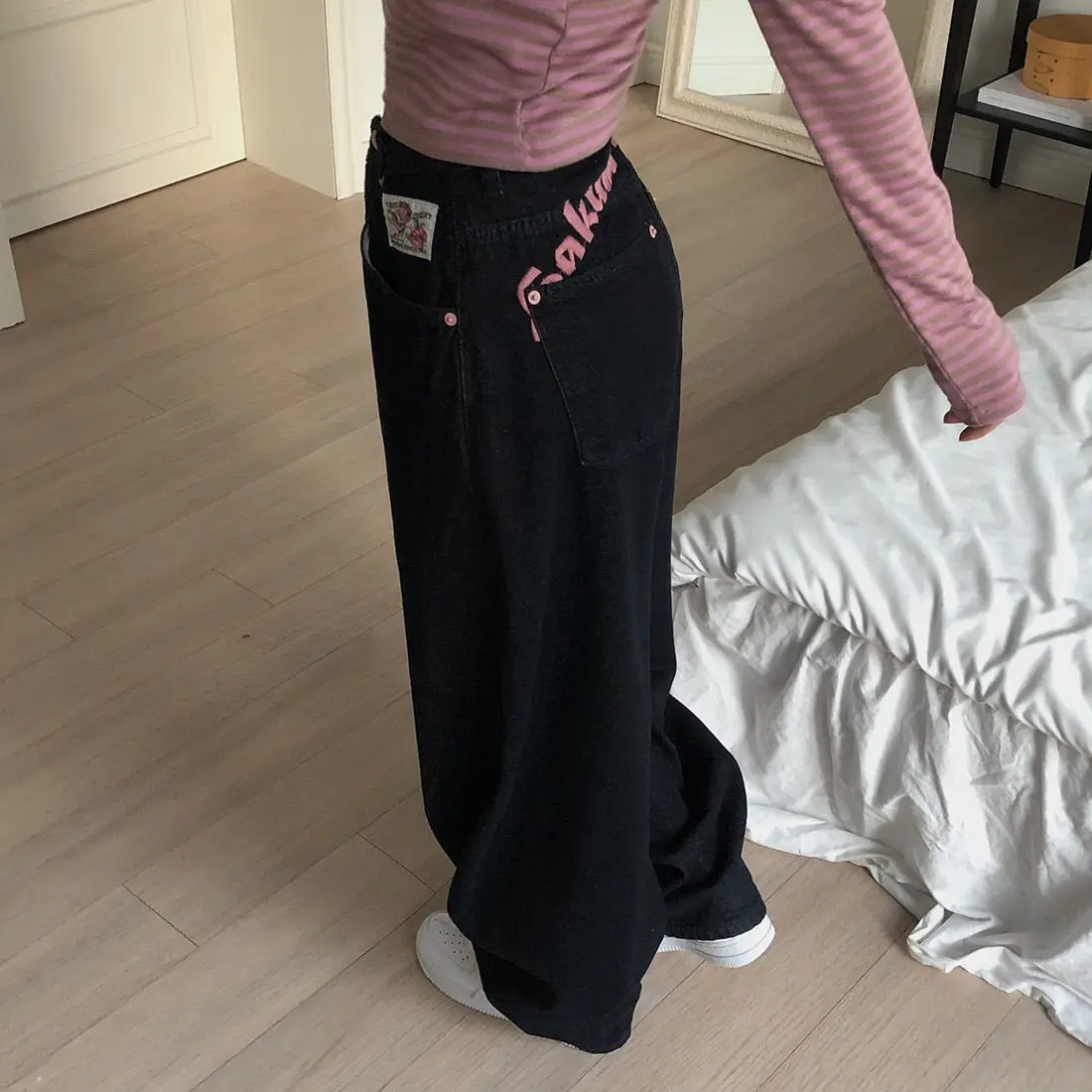 Spring New All-Match Sweet Cool Spice Girls Y2K Embroidered Letter Loose Wide Leg Slim Look Denim Trousers Ropa Para Mujer
