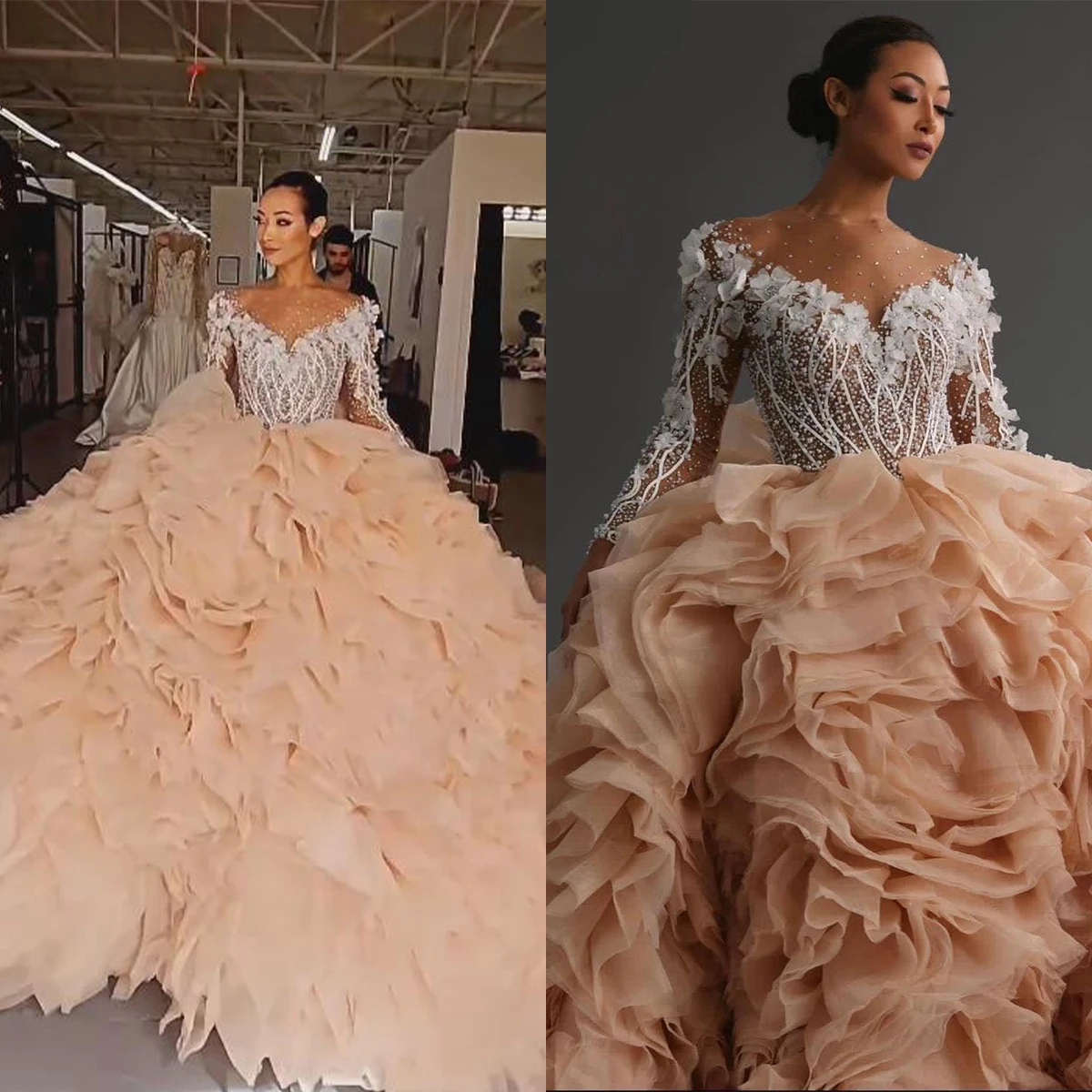 

Puffy V Neck Wedding Dresses Ball Gown Off The Shoulder Dresses Full Sleeve Tiered Ruffles vestidos de novia Custom Made