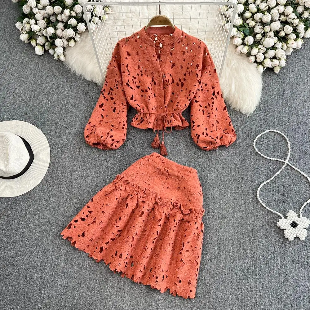 

Elegant and Chic Women Summer Hallow Out Skirts Suit Vintage Sexy Shirts Top Mini Bodycon Saya Two Pieces Set Female Clothes