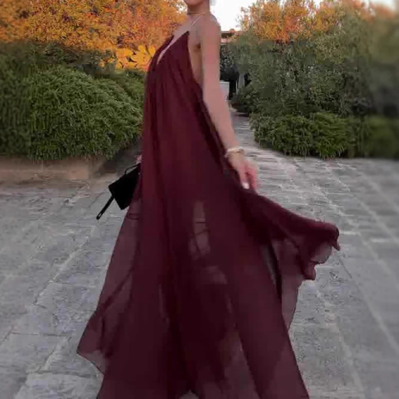 Sexy feminino sem costas vestido de convidado de casamento 2025 férias de verão cor sólida vestido longo casual baixo corte com decote em v vestido de festa plissado