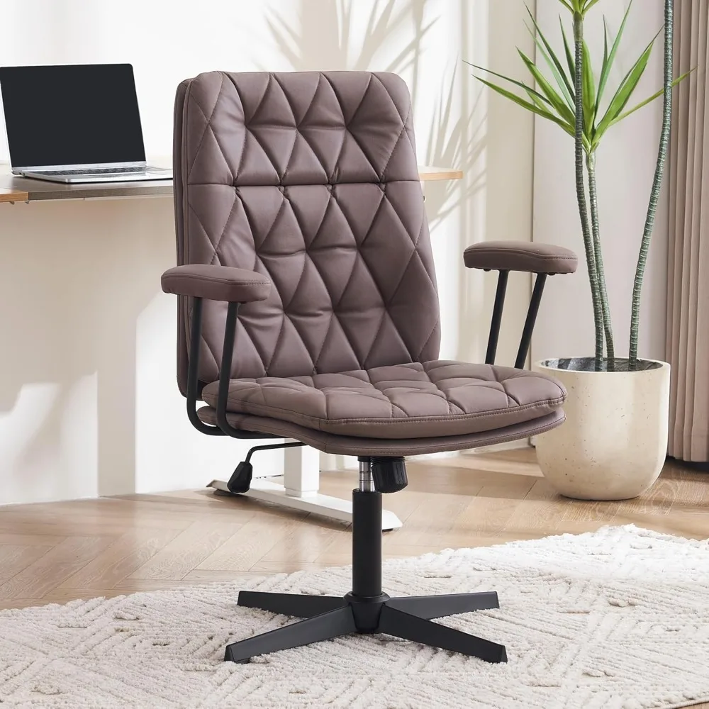 

Criss Cross Chair with Arms Home Office Desk Chair No Wheels Adjustable Thick Cushioned Swivel Accent Makeup Chair Brown