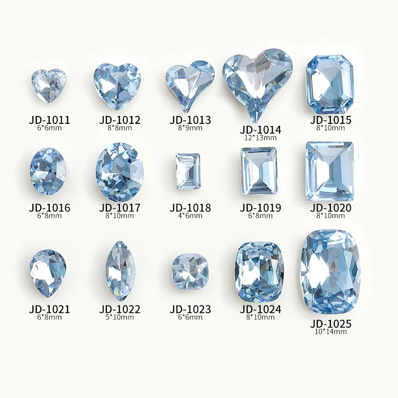 

20Pcs Nail Art Light Blue Bling Crystal Glass Diamond Ocean Blue Pointed Bottom Bare Rhinestone Heart Squar Nail Decor Gems