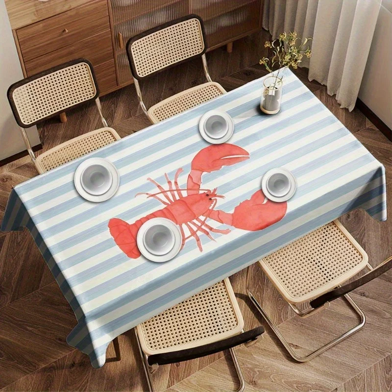 Blue White Stripes Red Lobster Rectangle Tablecloth for Table Decor Summer Coastal Nautical Kitchen Dining Table Cloth for Party