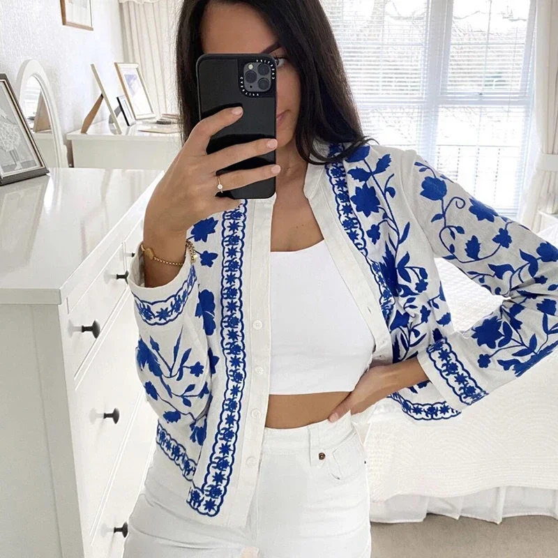 TEELYNN Boho Cotton Women Cardigan Crop jacket White Floral Embroidered Tops Vintage Long Sleeve Autumn Coats Outwear Bohemia