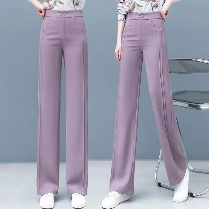 Pantalon taille haute monochrome pour femme, poches simples, épissé, tout match, droit, vêtements pour femmes, mode de bureau, printemps, été