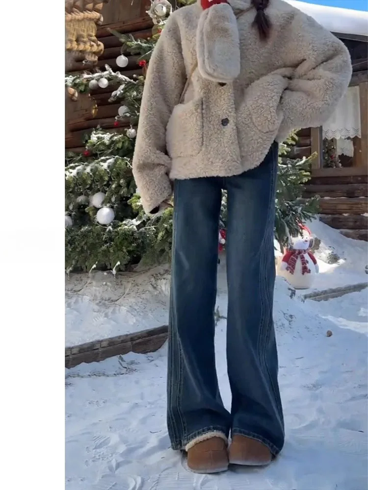 Retro High Waist Wide Leg Jeans Women's Loose Drapey Hip Covering Large Size Elastic Straight Leg Pants Casual Sle Denim