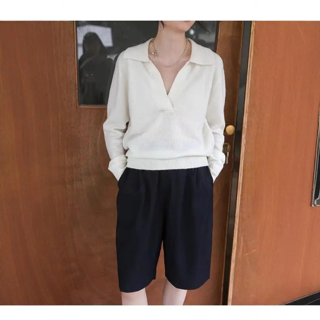 

Korean Style Women's Cardigan Spring Autumn Polo Collar Pure Color Cashmere Pullover Knitted Loose Sweater Versatile Top