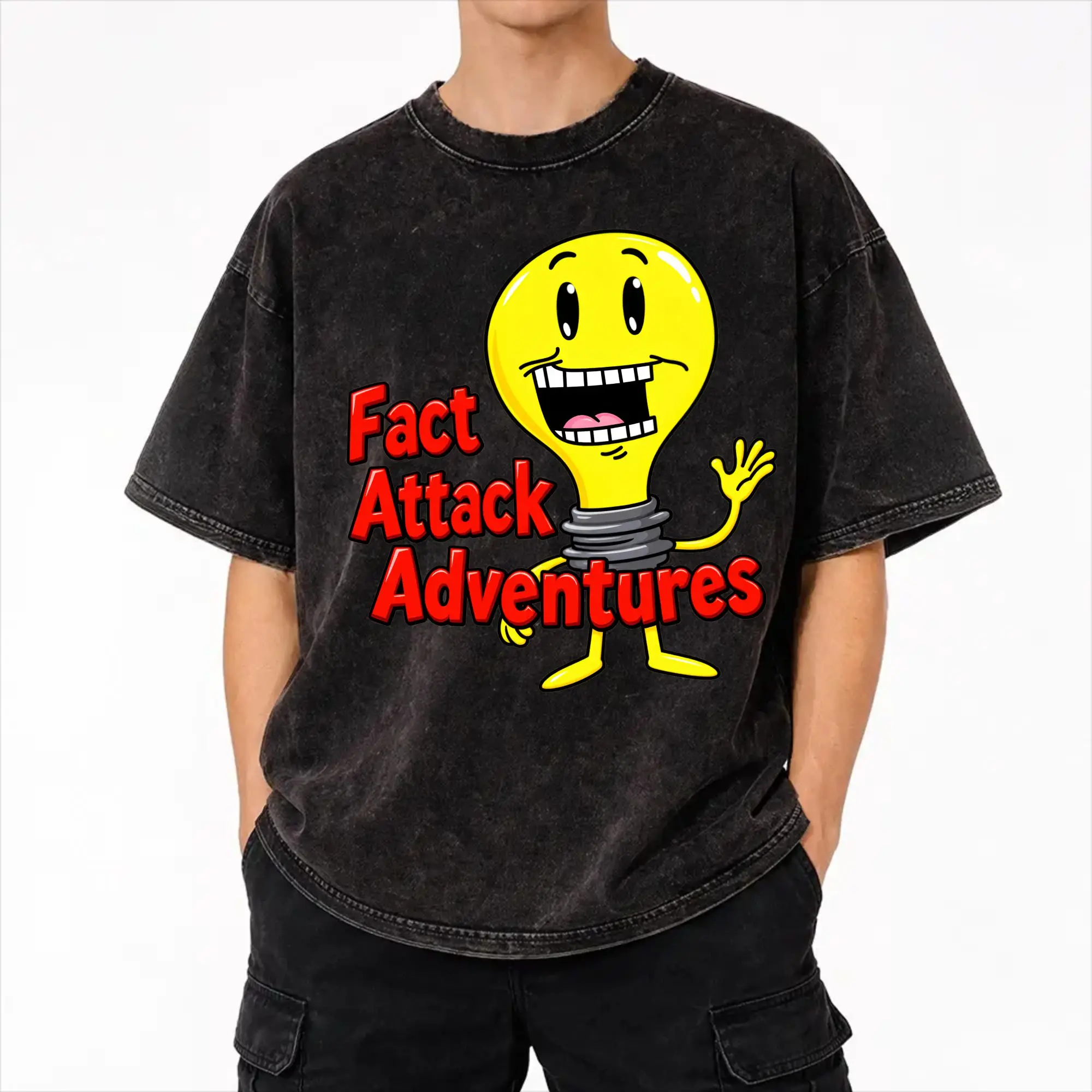 Harajuku Washed Shirt Fact Attack Adventures Lighty Outfit Vintage T-Shirts Oversize  Streetwear Short Sleeve Printed Tee Shirt