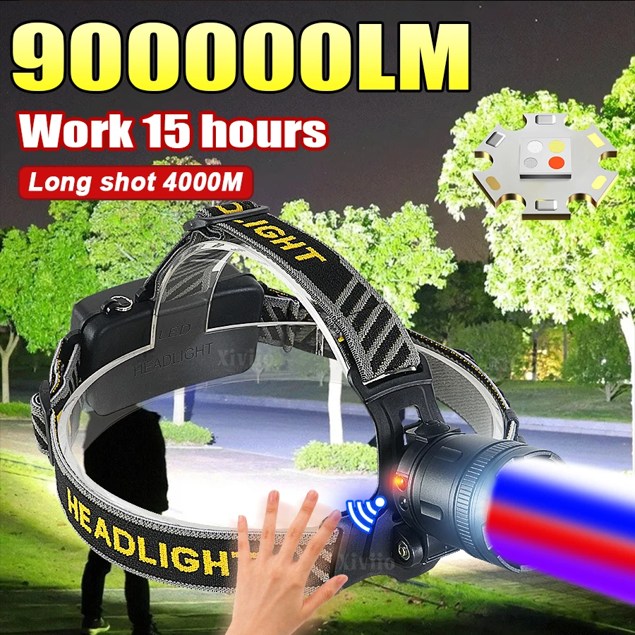 

900000LM Супер яркий сенсорный налобный фонарь 4 светодиода Самый мощный налобный фонарик дальнего действия Перезаряжаемый через USB налобный фонарь Наружные фонари
