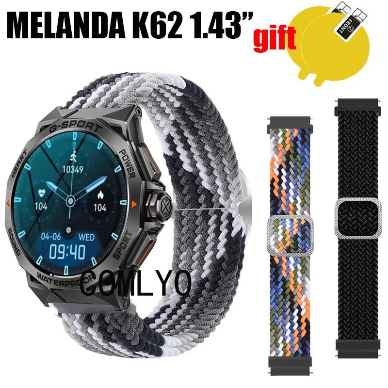 For MELANDA K62 1.43” Smart Watch Strap Band Nylon Belt Adjustable Soft Breathable Wristband Screen Protector Film