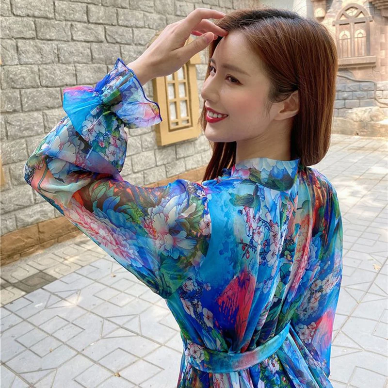 2024Elegant Slim Beach Dress Summer Women Oversize Printed Chiffon Dresses Female long sleeve Korean Evening Party Robe Vestidos