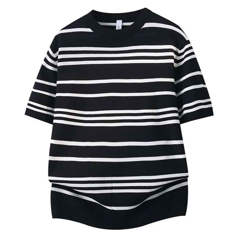 2026New Men's Short Sleeved Striped Knitted Contrasting Color Vintage Style Summer Fashionable And Comfortable Versatile T-shirt