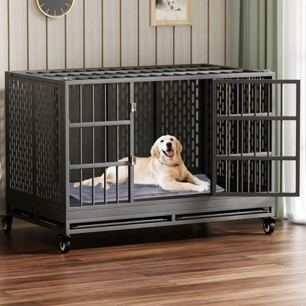 48 inch heavy duty dog kennel on wheels, folding metal large dog kennel for large and medium dogs with removable tray.