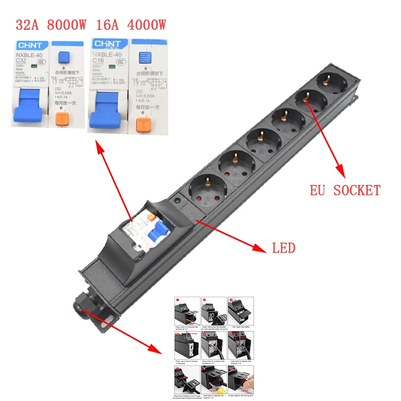 PDU power strip Short circuit switch Circuit Breaker Circuit Protection16A/32A 4000W/8000W EU output socket Network Cabinet Rack