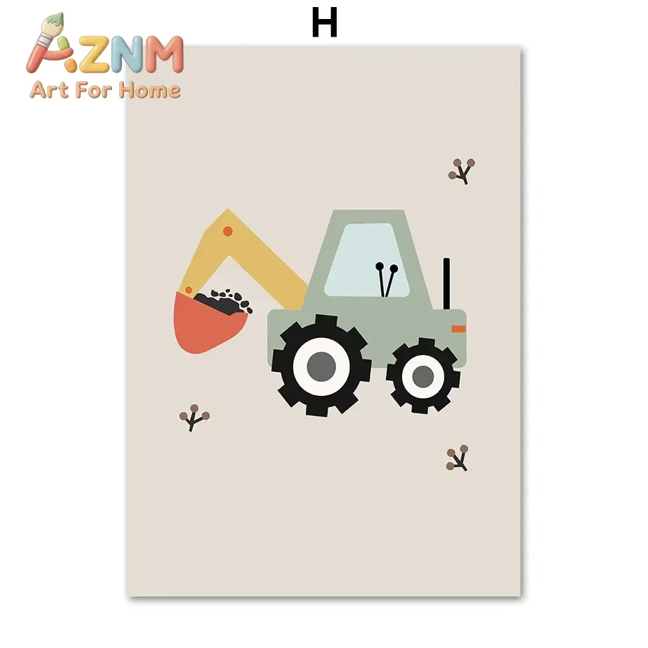 (2D canvas painting)Digger Transport Dump Truck Rainbow Boho Boy Nursery Posters Prints Canvas Painting Wall Art Pictures Bab