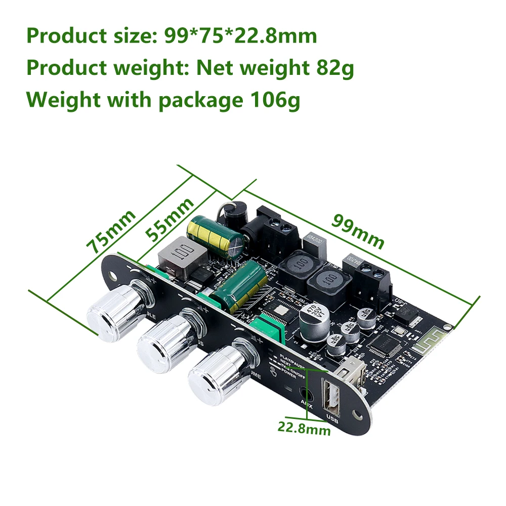 ZK-1001U Scheda amplificatore mono Bluetooth da 100 W con circuito boost TPA3116D2 Supporto ingresso USB AUX TWS DC 9–24 V