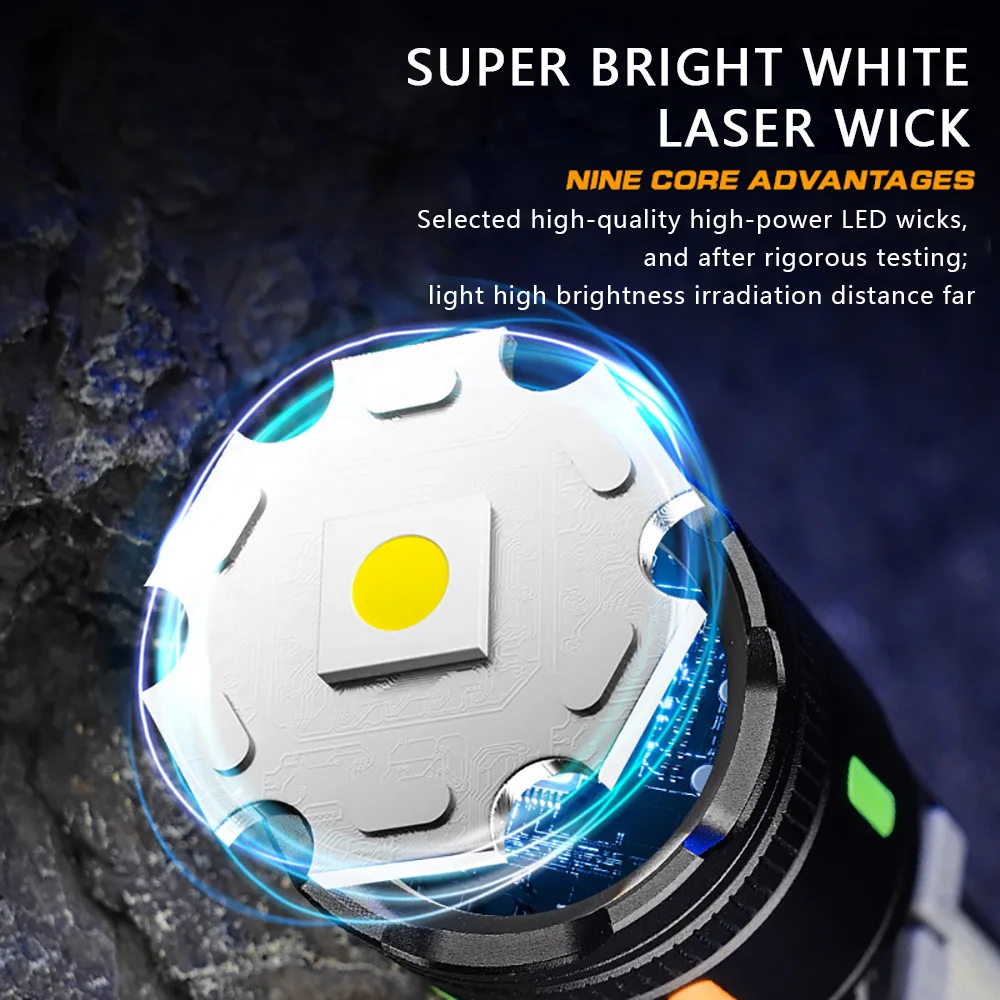 High Power Spotlight Long LED Flashlight With COB Side light Red Blue light Type-C Fast Charging Zoomable Ultra Bright Torch