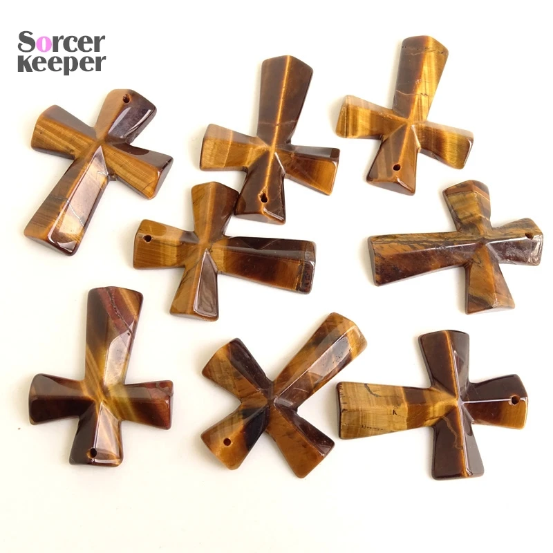 Cross Jewelry Natural Tiger Eye Necklace Pendants Gem Stone Slide Pendant Healing Reiki Men\'s Woman\'s Gift BO556