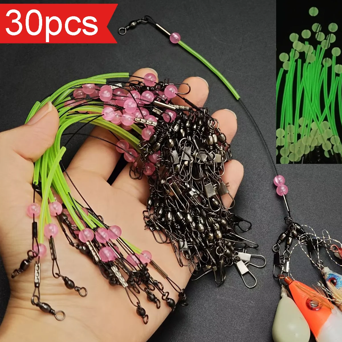 30pcs Pre-tied Sabiki Anti-Tangle Saltwater Rock Fishing Tackle with Glow Beads Swivels Quick Snaps Fishing Rig